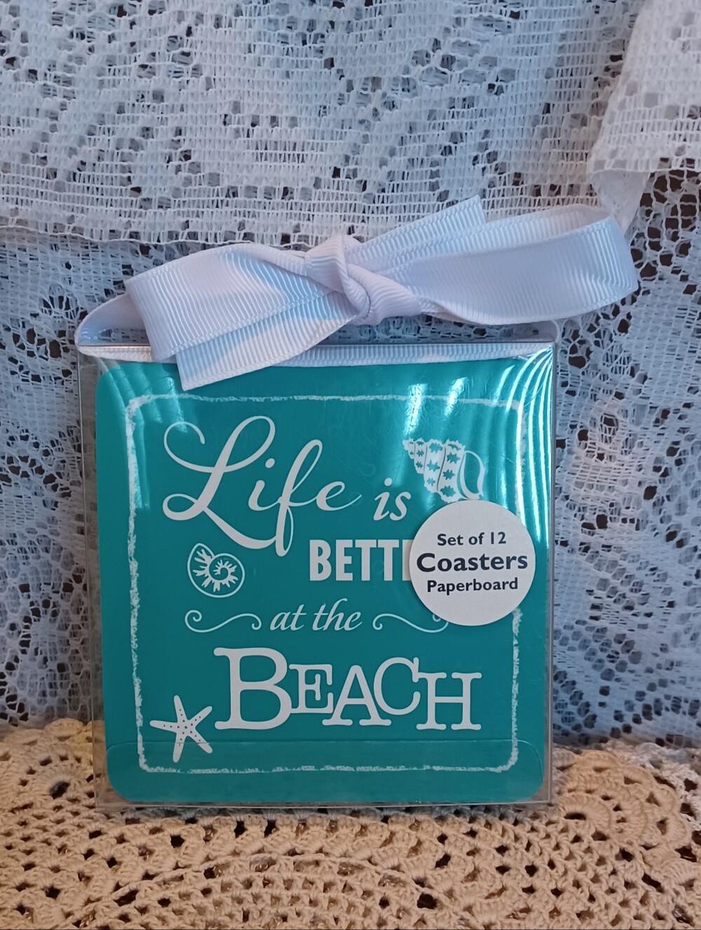 NEW SET OF 12 PAPERBOARD COASTERS "LIFE IS BETTER AT THE BEACH" 3.5" x 3.5"